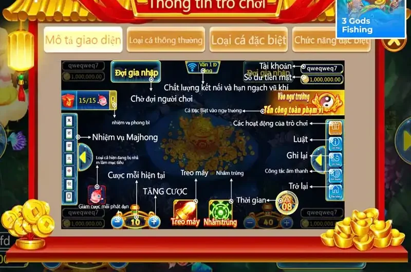 Các sảnh chơi đặc sắc trong 3 Gods Fishing